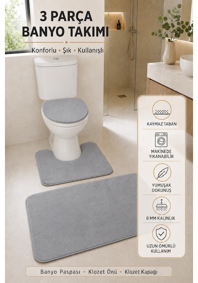 3 Lü Banyo Paspası Halısı Seti Kaymaz Tabanlı Yıkanabilir Klozet Takımı Koyu Gri