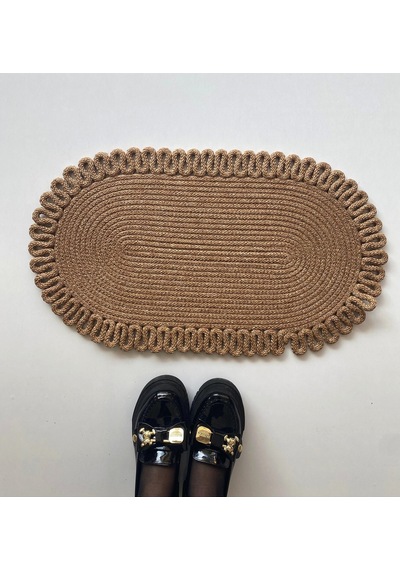 Jüt Kenarları Desenli Oval Paspas 45 X 75 Kahverengi