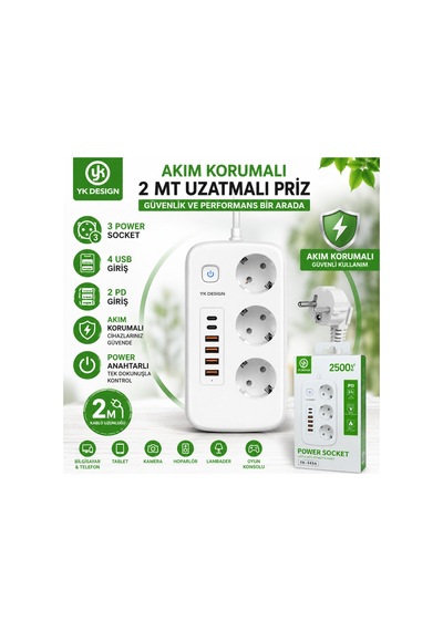 Akım Korumalı Priz 2 Mt Uzatma Kablo Pd -usb Giriş
