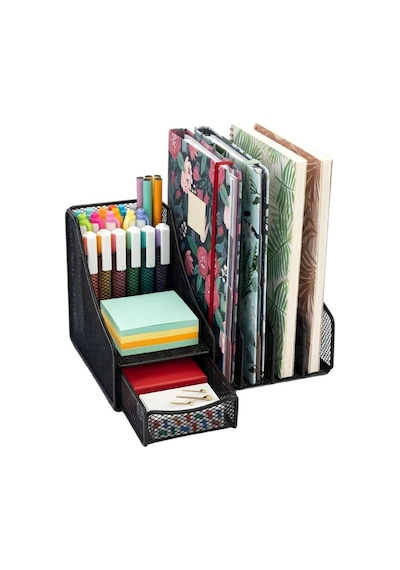 Temel Siyah Metal Mesh Masaüstü Organizer Çekmeceli Dosyalık 25x18x15 Cm 9538
