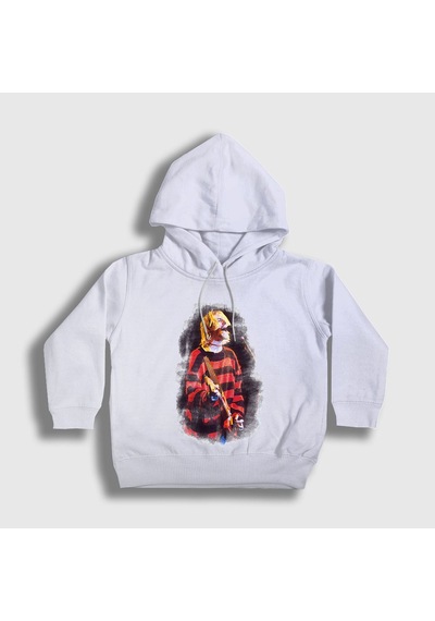 Presmono Unisex Çocuk Watercolor Nirvana Kurt Cobain Kapüşonlu Sweatshirt Beyaz