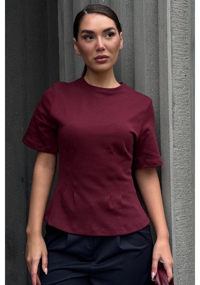 Bordo Kadın Bisiklet Yaka Belden Oturtmalı Basic Tişört Mg2670 Bordo
