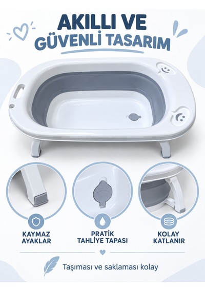 Beylini Katlanabilir Bebek Küveti Soft Silikon Destekli Banyo Akordion Duş Oyun Alanı Gri