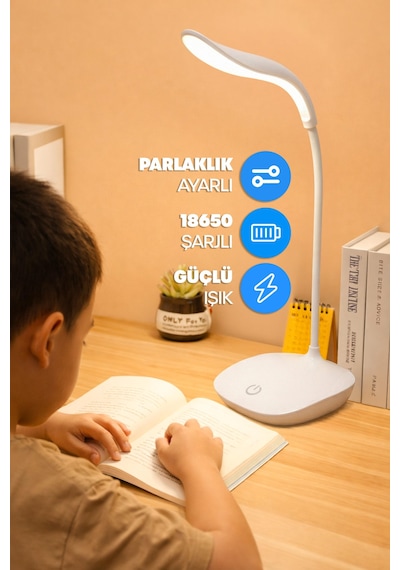 Şarjlı Masa Lambası Işık Ayarlanabilir Ders Çalışma Okuma Işığı Beyaz Işık Gy002 Beyaz