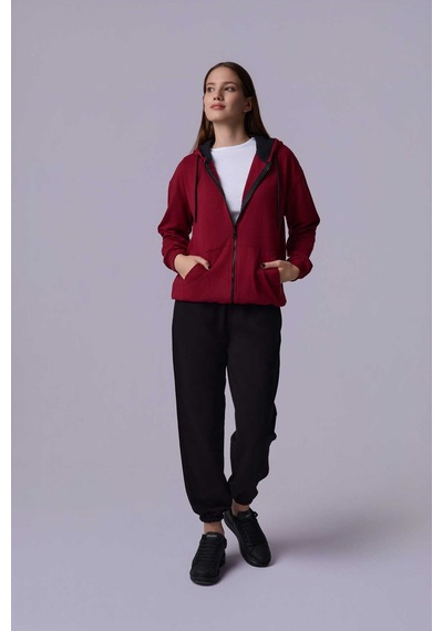 Defys Defy S Kadın Oversize Kapüşonlu Fermuarlı Cepli Sweatshirt Bordo - 527346818 Bordo
