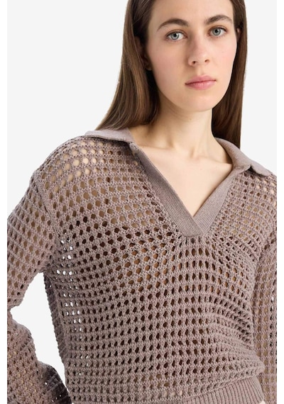 DeFacto 	Relax Fit Polo Yaka Basic Düz Ajur Triko Kazak E7025AX25SMBG487 Bej