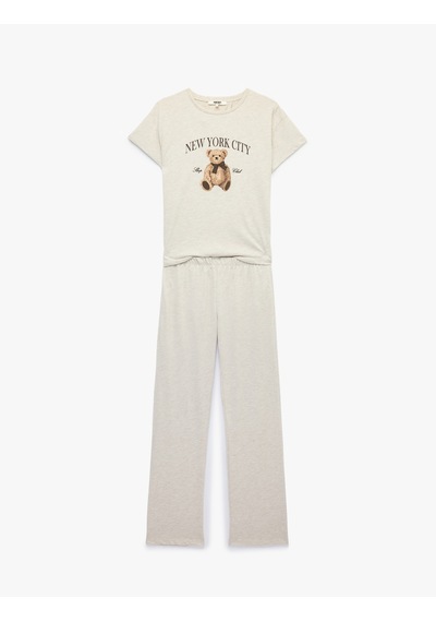Koton Kısa Kollu Bisiklet Yaka Ayıcık Baskılı Pijama Takımı Bej Melanj 7wlk40266mk