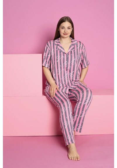 Rindahomewear Kadın Büyük Beden Milan Örme Düğmeli Kısa Kol Çizgi Desenli Pijama Takımı Pembe