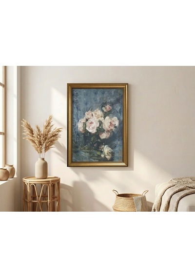 Antika Gold Çerçeveli Pastel Tonlu Mavi Güller Tablosu - Vintage Salon Duvar Dekoru 80x60 Cm