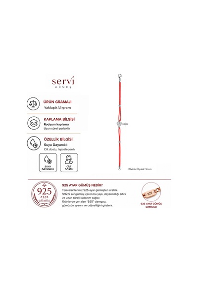 Servi 925 Ayar Gümüş Zirkon Taşlı Kırmızı İpli Kalp Figürlü Şans Bilekliği-413