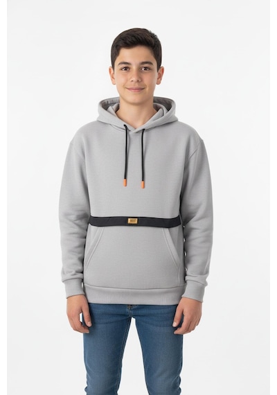 Kapşonlu Kanguru Cepli Detaylı Erkek Çocuk Sweatshirt-90835 Gri