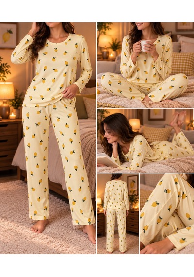 Lila İç Giyim Kadın Süet Limon Desenli Uzun Kollu Pijama Takımı Rahat Kesim Ev Giyim Seti Sarı Lila İç Giyim Kadın Süet Limon Desenli Uzun Kollu Pijama Takımı Rahat Kesim Ev Giyim Seti Sarı