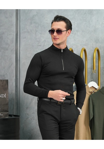 Modefendi Pamuk Likra Slim Fit Yarım Fermuarlı Kazak Siyah