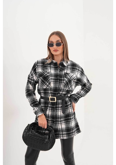 Polologin Butik Kadın Siyah Beyaz Çizgili Araboy Spor Gömlek Beyaz