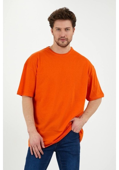 Unisex Pamuklu Turuncu Bisiklet Yaka Oversize T-shirt Turuncu