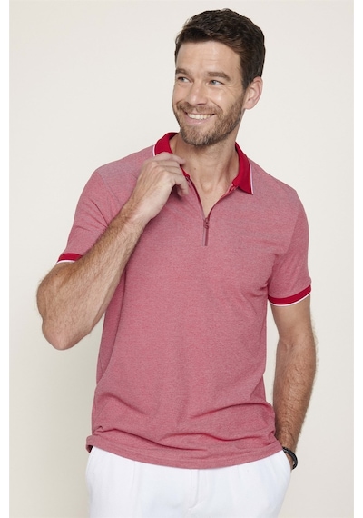 Tudors Erkek Slim Fit Dar Kesim Pamuklu Fermuarlı Bordo Polo Yaka Tişört-27587-Bordo