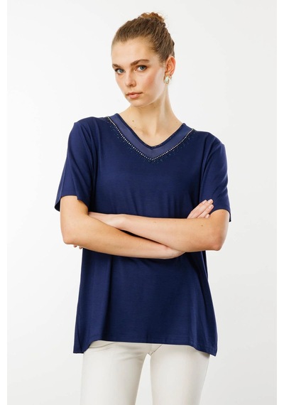 Desen Triko Kadın V Yaka Yakası Taşlı Penye T-shirt 25751 Lacivert Lacivert