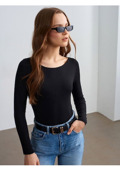 Dilvin 32549 Kayık Yaka Bodysuit-siyah Siyah