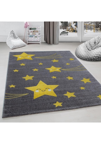 Sevimli Yıldız Desenli Soft Çocuk Odası Halısı Gri Sarı Renkli Sarı