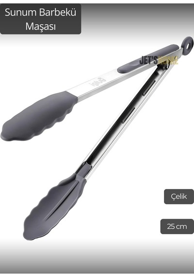 Sunum Maşası Barbekü Maşası Mangal Maşa Silikon Salata Maşası Gri 25 Cm