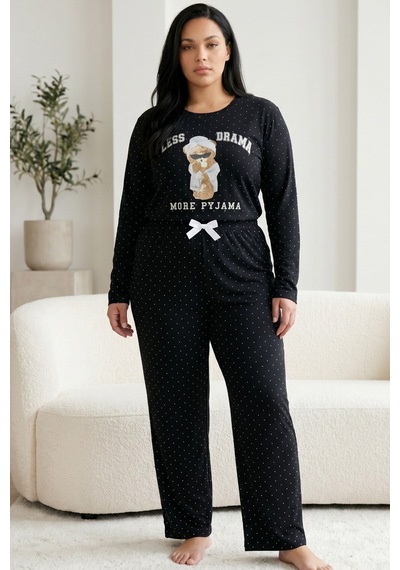 Siyah İnci Pamuklu Likralı Büyük Beden Battal Boy Örme Pijama Takım 26240884 Siyah