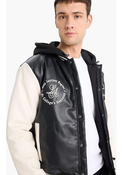 Defacto Regular Fit Kolej Yaka Çıkarılabilir Kapüşonlu Çıtçıtlı Suni Deri Bomber Mont E9972ax25aubk27 Siyah