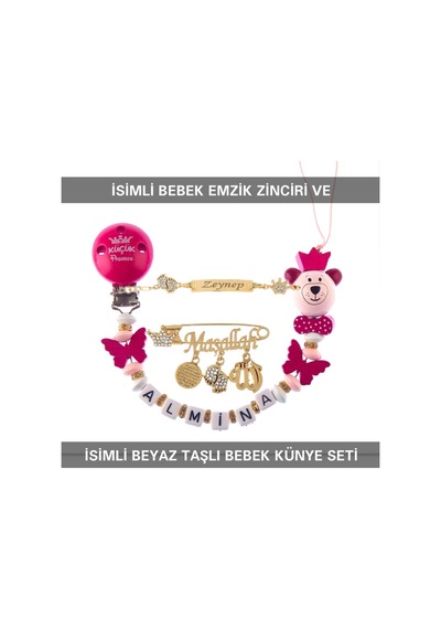 Sahi Aksesuar İsimli Bebek Emzik Zinciri Ve İsimli Bebek Künye Seti Bezyı676 Pembe