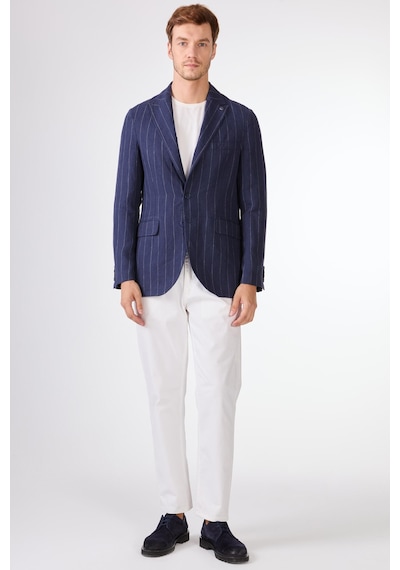 Dufy Lacivert Erkek Regular Fit Çizgili Sivri Yaka Keten Ceket - 104439 Lacivert