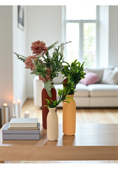 3 Lü Renkli Dekoratif Vazo Seti-şık Ve Estetik -minimalist Vazo Seti-minimal Masa-salon Aksesuarı Kahverengi Krem Şeftali