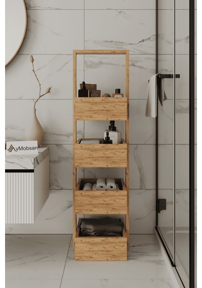 Multi Çok Amaçlı Banyo Rafı, Sepetli Çok Amaçlı Raf, 4 Raflı 120 Cm, Atlantik Çam Atlantik Çam