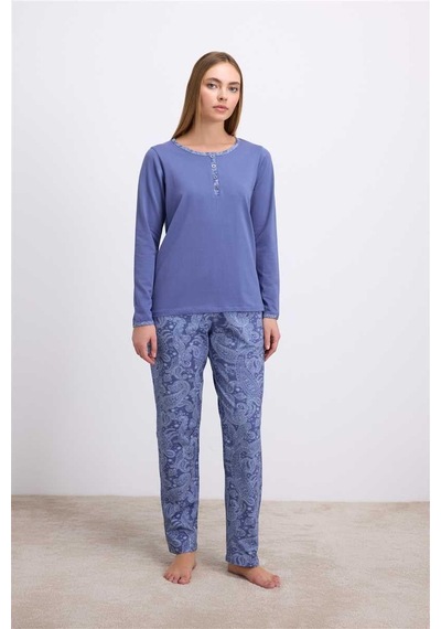 Findit %95 Pamuklu Uzun Kollu T-shirt Ve Desenli Pantolon Pijama Takımı Çok Renkli