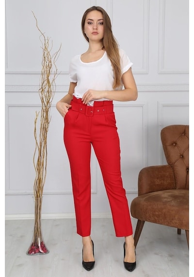 Bluence Beli Kemerli Kırmızı Dar Paça Kumaş Pantolon Kırmızı