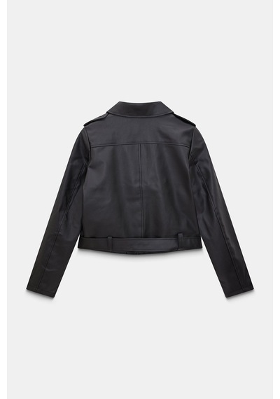 Sââde Kadın Relax Fit Gömlek Yaka Kemerli Cepli Suni Deri Biker Crop Ceket - Fermuar Detaylı Siyah Sââde Kadın Relax Fit Gömlek Yaka Kemerli Cepli Suni Deri Biker Crop Ceket - Fermuar Detaylı Siyah