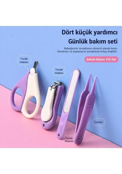 Kutulu 4'lü Bebek Tırnak Bakım Seti Güvenli Bebek Tırnak Makası Törpü Cımbız Ve Makas Seti Mor