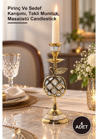 4 Adet Pirinç Sedefli Tekli Şamdan Pirinç Ve Karışımı, Tekli Mumluk, Masaüstü Candlestick Diğer