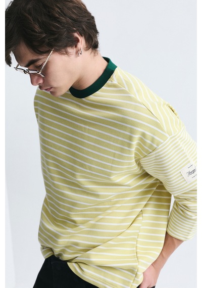 Vamos Kontrast Yaka Çizgili Sweatshirt Ekru-sarı