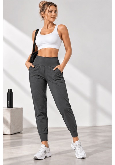 Genius Store Kadın Eşofman Yüksek Bel Jogger Scuba Kumaş Cepli Rahat Kesim Jogger Eşofman Altı Füme