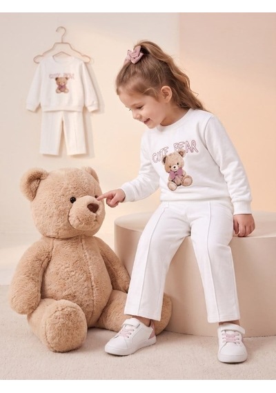 Zekids Kız Çocuk Beyaz Ayıcık Baskılı Bisiklet Yaka Eşofman Takımı-17433