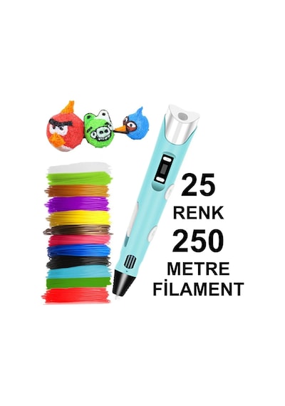 Mavi 3D Kalem Yazıcı+25 Renk 250 Metre (25X10Metre) Pla Filament
