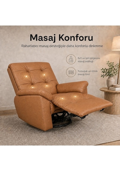 Smarto Relax Basel Elektrikli Masajlı Döner Sallanan Tv Koltuğu Kontrol Panelli Ergonomik Gerçek Deri Baba Koltuğu Açık Kahverengi