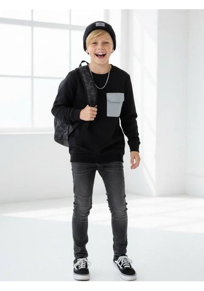 Zekids Erkek Çocuk Cep Detaylı Pamuklu İnce Sweatshirt-16650 Siyah