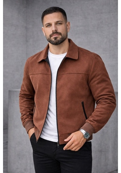 Baselco Basic Slim Fit Polo Yaka Süet Ceket Kahverengi