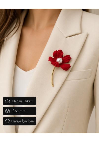 Kadın Kırmızı Çiçek Broş İncili Altın Sarısı Saplı Elegant Ceket Yaka İğnesi Açık Gri