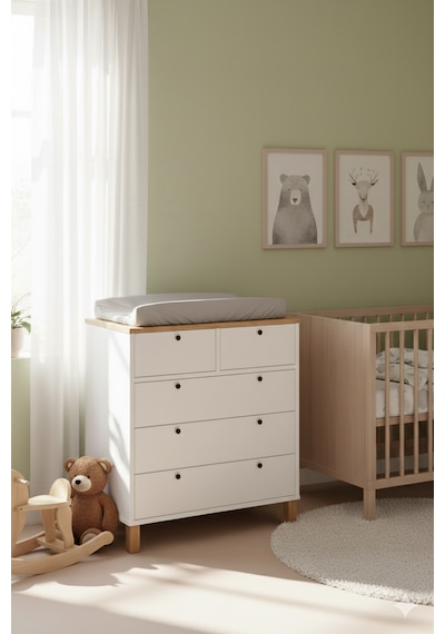 Robin Home Merlin Bebek Odası Çocuk Odası Şifonyer 5 Çekmece Ahşap Ayaklı Beyaz-sepet