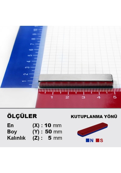 1 Adet Neodyum Mıknatıs Boy: 50mm En: 10mm Kalınlık: 5mm 50x10x5 Ndfeb Güçlü Mıknatıs N062