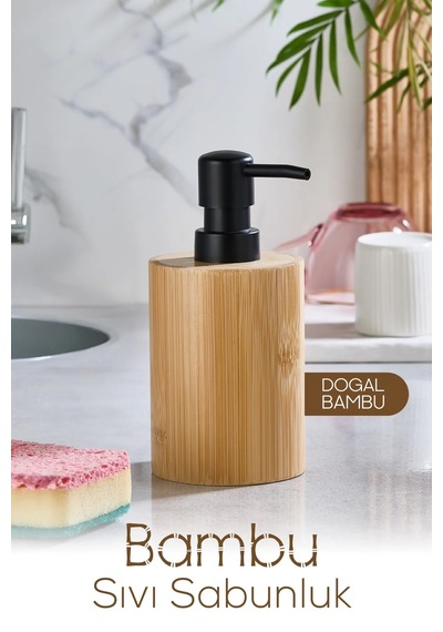 Buççin Online Mağaza 2li Bambu Sabunluk Seti Hands Dishes Mutfak Banyo Sıvı Sabunluk 500ml Doğal Bambu Stantlı Retro Set Çok Renkli