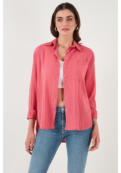 Lela Regular Fit Tek Cepli Önü Kısa Arkası Uzun Krinkıl Bayan Gömlek 6772752 Fuşya