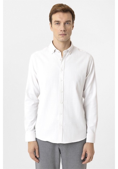 Süvari Ekru Slim Fit Desenli Düğmeli Yaka Gömlek
