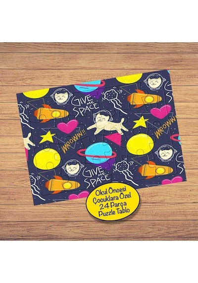 Uzay Boşluğu Ve Kedi 24 Parça Çocuklara Özel Yapboz Tablo-835571
