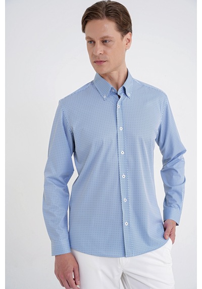 Slim Fit Yaka Düğmeli Baskılı Pamuklu Mavi Gömlek G 1606